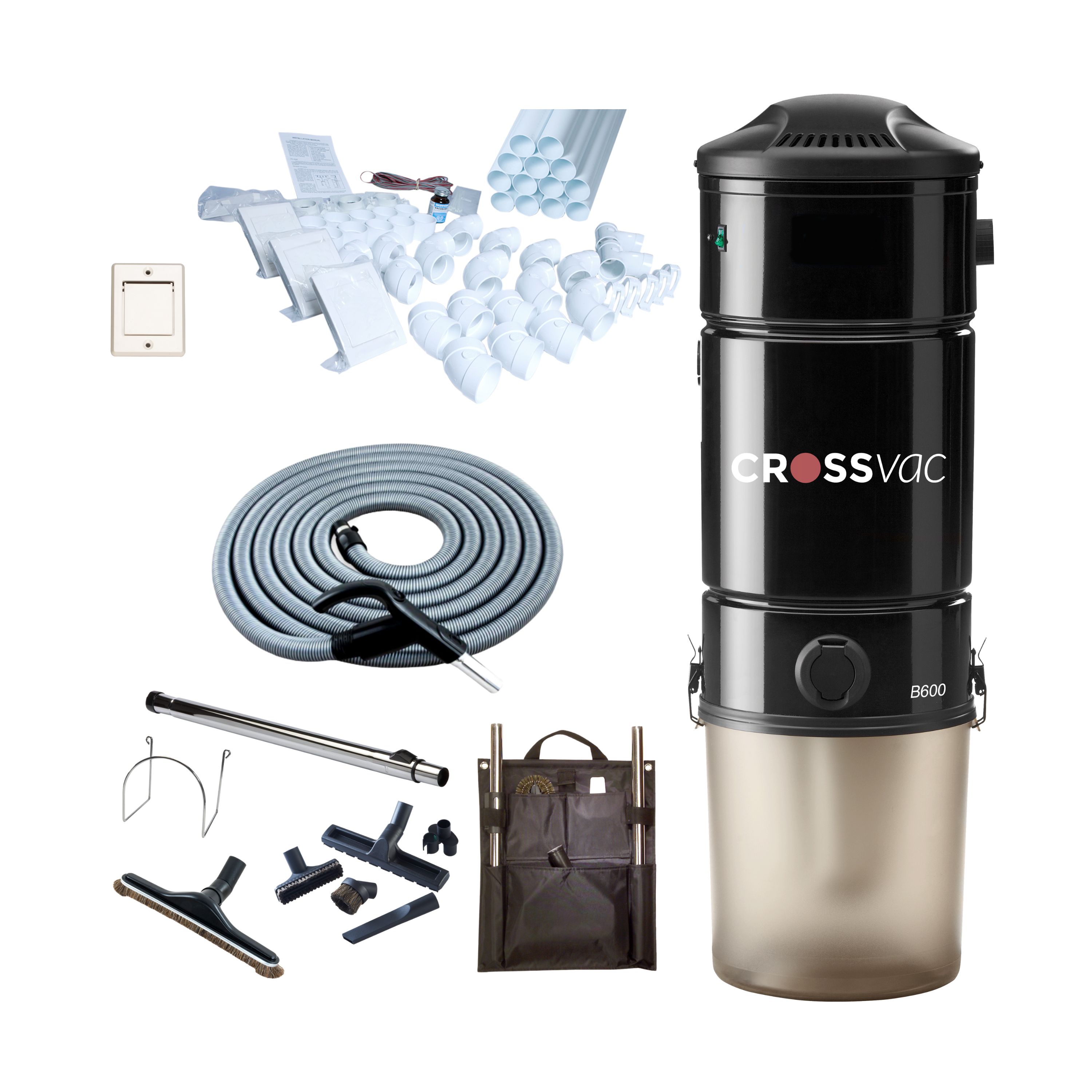 Crossvac-Set-Medium-B600 Zentralstaubsauger Set Medium B600 mit Schlauch-Set On/Off und 3 Saugdosen sowie Installationsmaterial
